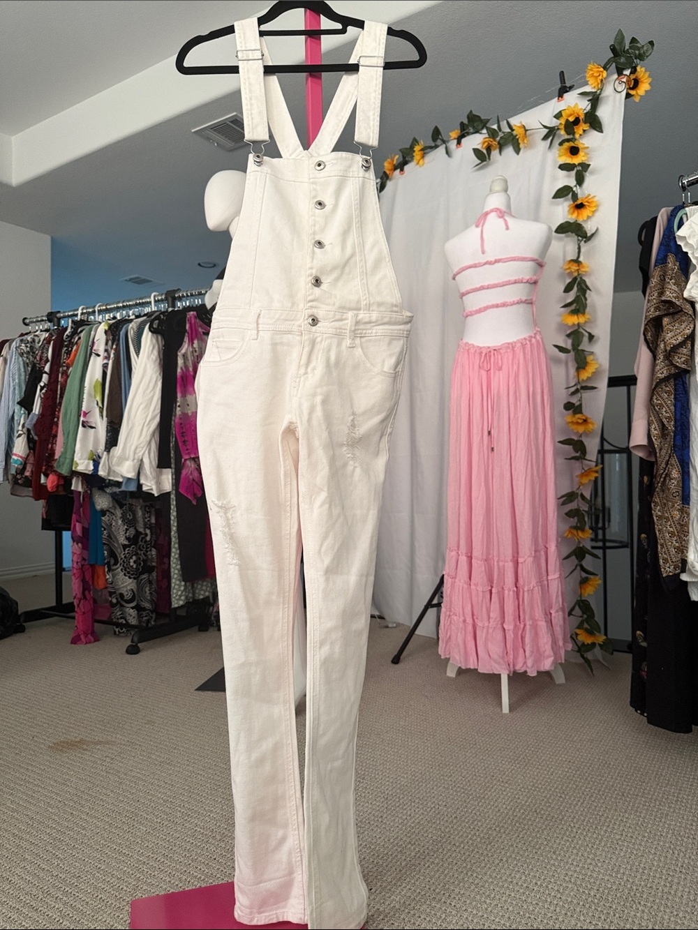 Blue Asphalt Cream White Denim Overalls - Button Front Bib